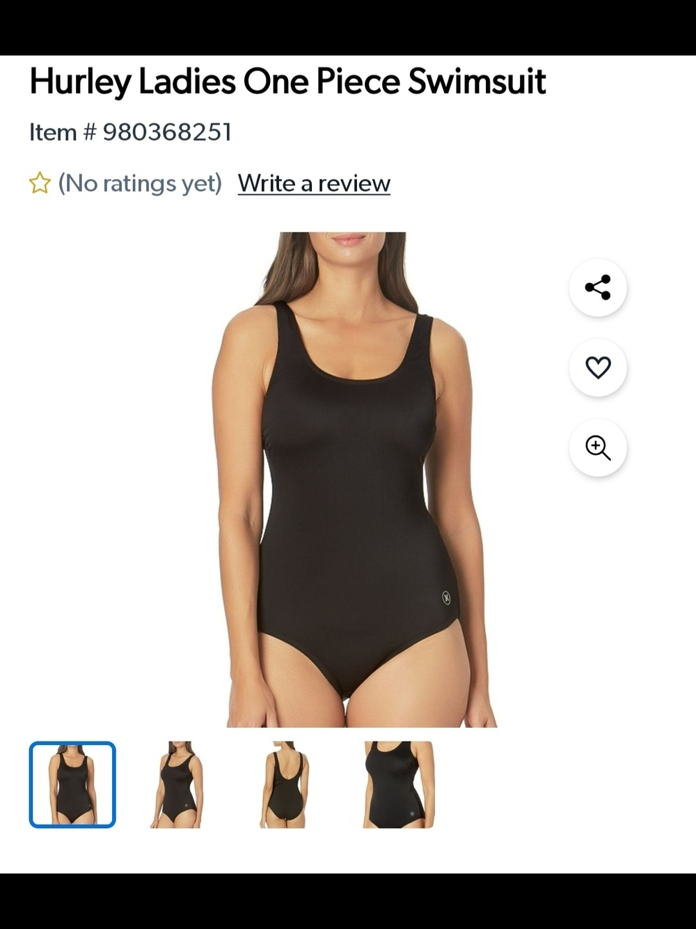 Hurley Black Scoop Neck One-Piece Swimsuit
